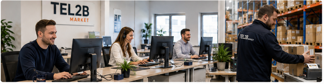 Drei Mitarbeiter im Büro und ein Mitarbeiter aus der Logistik bei TEL2B MARKET