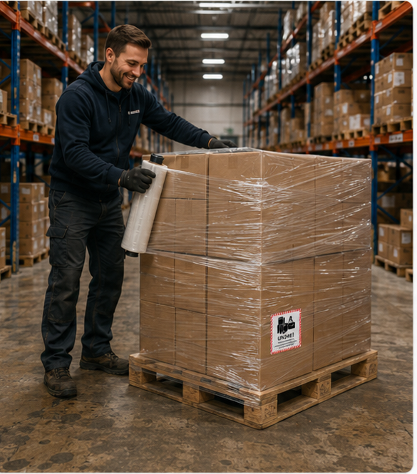 Mitarbeiter verpackt eine Palette im Lager